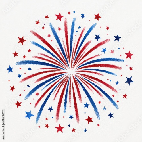 Exploding fourth of july firework burst with red blue and white stars isolated on white background