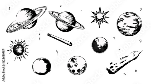 Set of hand-drawn celestial bodies in a black and white sketch style including planets stars and asteroids.
