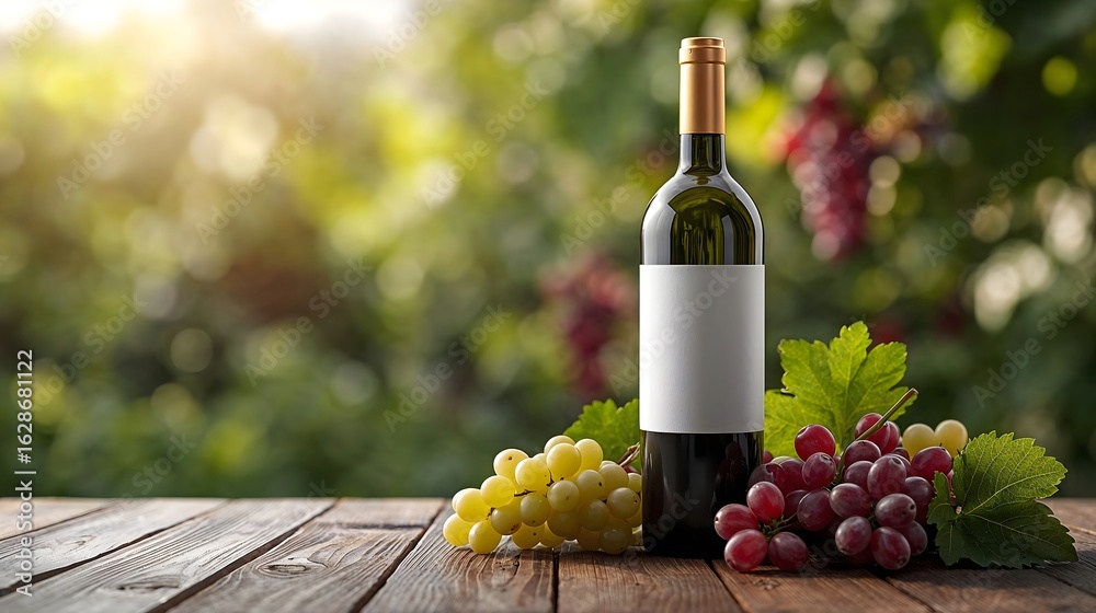 Fototapeta premium Elegant Wine Bottle with Empty White Label on Wooden Table – Premium Red and White Wine Display with Outdoor Blur Background