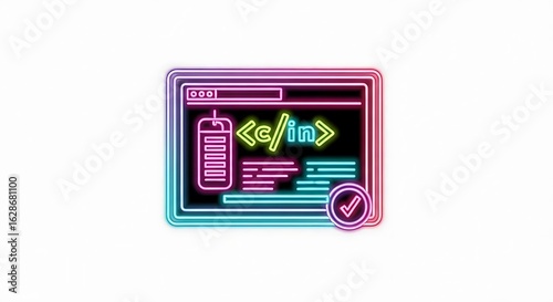 Neon illustration of a browser window with code and a checkmark on a white background