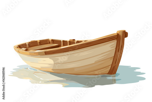 A simple wooden rowboat with a planked hull illustrated in a painterly style.
