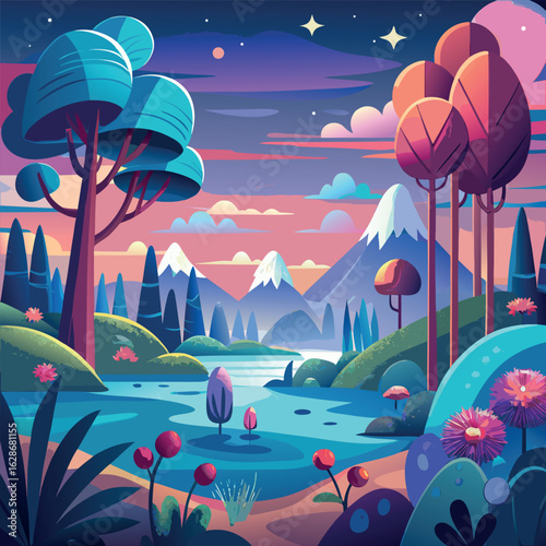 Serene Wilderness Fantasy: An enchanting panorama unfolds, showcasing a surreal landscape adorned with vibrant hues, majestic mountains, and a tranquil body of water.