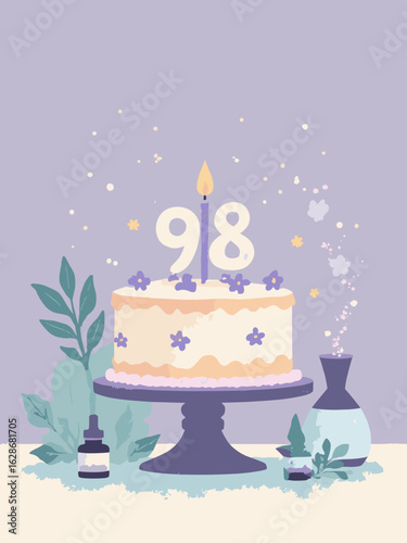 Age 96 – Birthday cake with “96” candle, aromatherapy oils and diffuser, palette: lavender, teal, cream, gray
