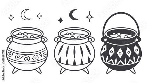 Three whimsical cauldrons filled with bubbling liquid accompanied by crescent moons and sparkling stars perfect for halloween or magical themes