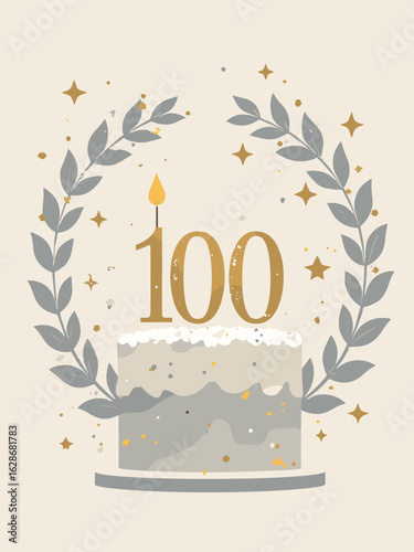 Age 100 – Birthday cake with “100” candle, centennial laurel wreath and silver stars, palette: silver, white, black, gold