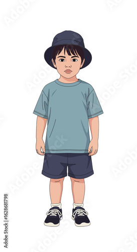 Full-length illustration of a little Asian boy standing still in a blue t-shirt and bucket hat. Cute toddler character design on a white background.