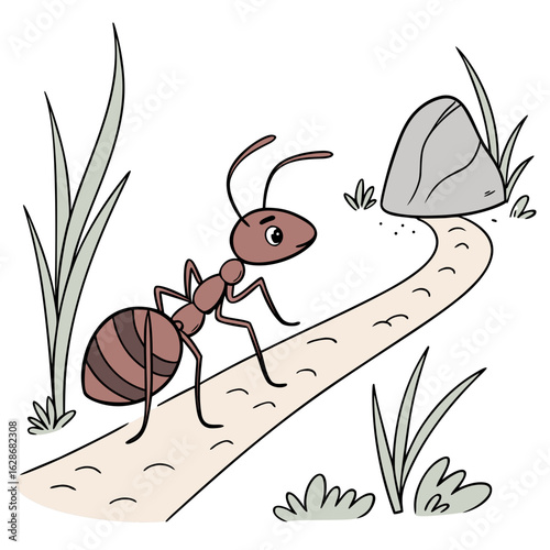 Tiny ant courageously marches past rock on earthy trail in wilderness SVG art concept