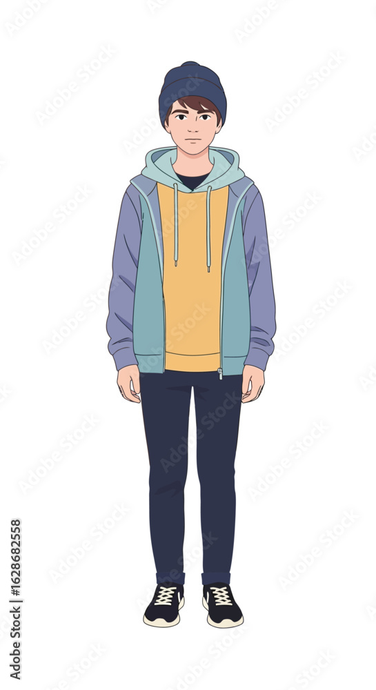 Naklejka premium Anime style character design of a young man in a colorful hoodie and beanie. Full body illustration on a white background.