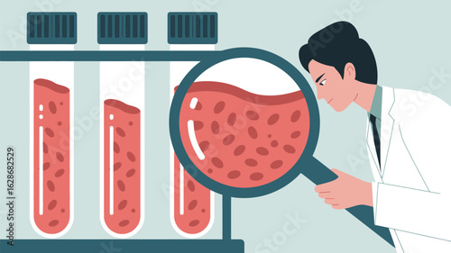 Skilled scientist intently examines red blood cells under a magnifying glass with test tubes for medical research and diagnostics