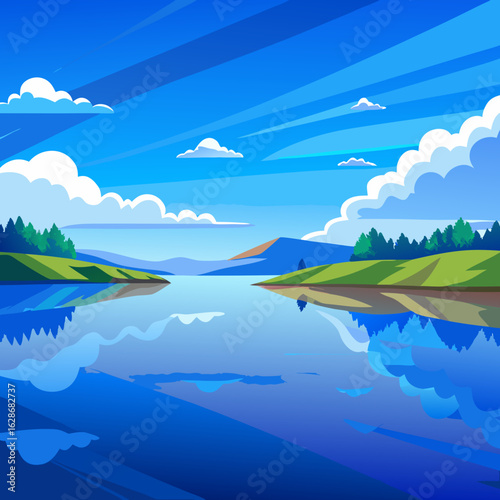 Serene landscape with calm lake and reflecting clouds