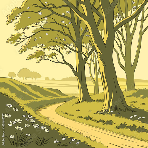 Idyllic country road winding through a sunlit meadow with blooming trees