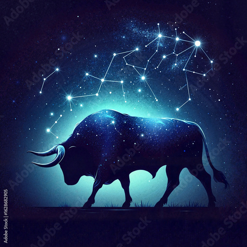 Cosmic bull with constellations mapped on its body, showcasing Taurus in a starry night backdrop