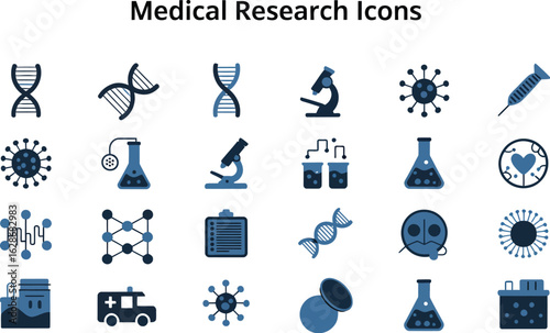 Stunning collection of medical research icons featuring DNA, microscopes, viruses, and lab equipment for scientific presentations.
