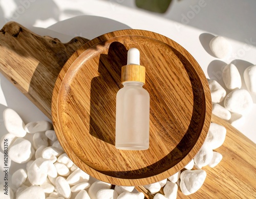 Frosted Glass Serum Bottle on Wooden Tray: Skincare Product Photography