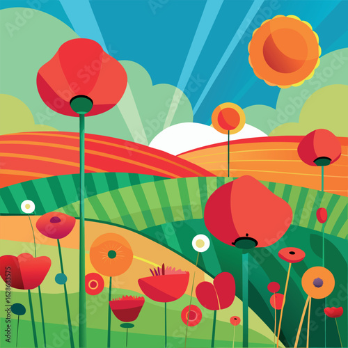 Radiant Poppy Field: An eye-level, sunny day view of a vibrant poppy field stretches across rolling hills. The illustration encapsulates nature's artistry with stylized depictions of the sun and sky.