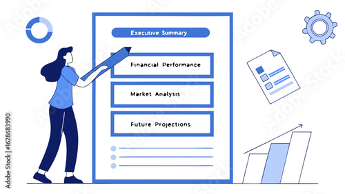 Woman pointing at executive summary document with financial performance market analysis and future projections