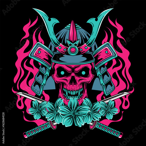 A detailed illustration of a skull wearing a samurai helmet surrounded by cherry blossom flowers and stylized flames. Great for apparel designs, posters, and other printed materials.