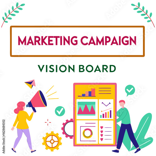 Illustration of marketing campaign vision board with people, megaphone, charts, and decorative elements around
