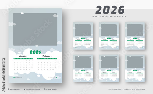 2026 wall calendar 6-page template | Monthly wall calendar planner layout | Week starts on Monday