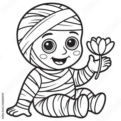 Cute Baby Mummy Holding Heart – Funny and Spooky Halloween Character Coloring Page for Kids