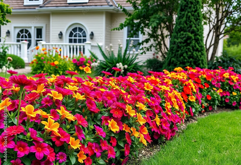 Naklejka premium Vibrant flower garden blooms, lush lawn, luxury home backdrop, flower bed, garden design