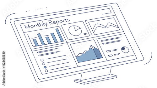 Illustration of a computer monitor displaying a dashboard with various charts and graphs showing data reports