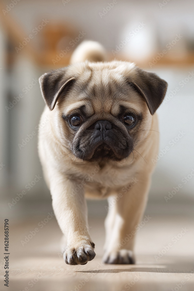 Obraz premium A cute, inquisitive pug puppy walks directly toward the viewer. Soft focus, warm tones and a shallow depth of field create a tender, inviting atmosphere. Ideal for petrelated content.