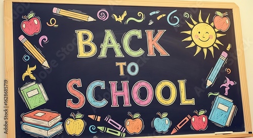 A chalkboard with back to school written on it with school supplies and a smiling sun illustration