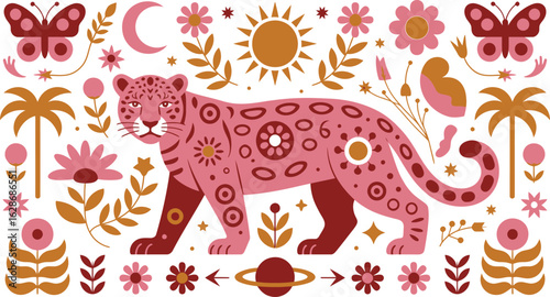 Vibrant pink jaguar illustration adorned with celestial and floral motifs creates a magical and whimsical scene for creative projects.