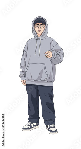 Vector art of a stylish man in streetwear. Character design featuring a grey hoodie, baggy trousers, and sneakers on a white background.