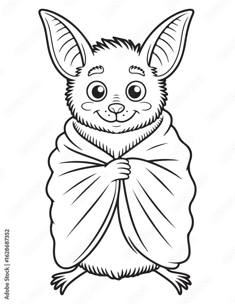 Obraz premium Cute Bat Wrapped in Cozy Blanket, Line Art Halloween Coloring Page for Kids, Adorable and Friendly Spooky Illustration 
