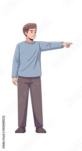Young man in casual clothes pointing his finger, indicating direction. Full-length male character illustration isolated on white.