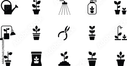 Simple Black Glyph Icons: Plant Growth, Gardening, and Care.
