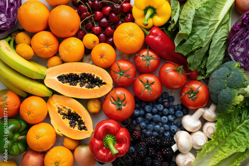 A Vibrant and Colorful Array of Fresh Fruits and Vegetables Displayed in an Overhead Shot Showcasing Nature's Bounty and Healthy Eating Choices
