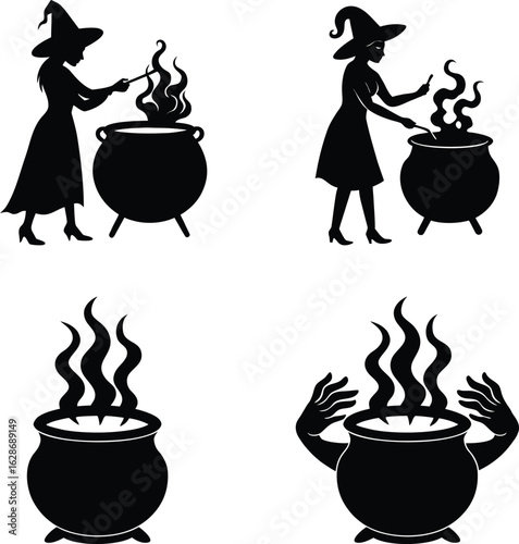 Witch Brewing Potion Vector Illustration on White Background