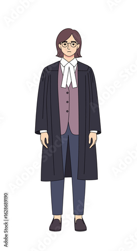 Illustration of a female judge in traditional court robes and jabot. Concept of law, justice, and legal profession.