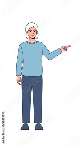 An elderly woman with white hair pointing her finger to the side. Full-length vector illustration of a senior lady in casual attire indicating a direction on an isolated white background.