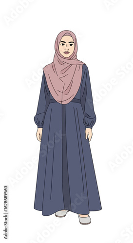 Illustration of a modern Muslim woman wearing a pink hijab and blue abaya. Elegant modest fashion character design on white background.