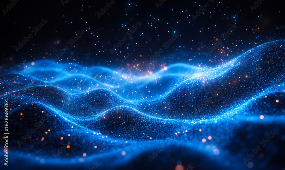 Fototapeta premium Abstract digital wave with glowing blue particles and orange light sparkles representing dynamic data flow and futuristic technology concept in dark space background