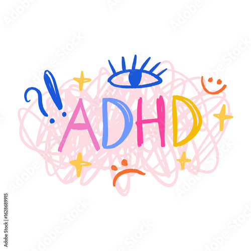 ADHD Awareness Brain with Thoughts Tears and Distress Mental Psychology Lettering Vector Clip-art 