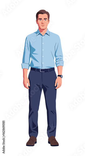 Illustration of a young professional man in business casual attire standing confidently on a white background.