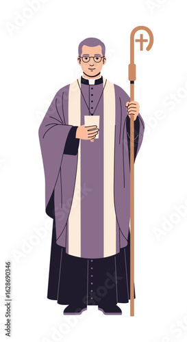 Vector illustration of a Catholic bishop in purple ceremonial vestments, holding a crosier and a book, representing faith and spiritual guidance.