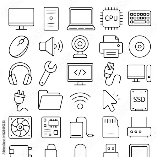 Essential Outline Icons of Computer Hardware, Peripherals, and Digital Technology Devices