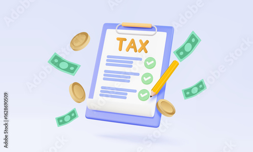 3D vector clipboard paper checklist advisor accounting tax payments money budget income management concept. Calculate profit form office financial assistance. cartoon illustration.