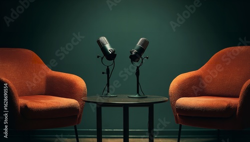 Modern Podcast Studio Setup with Two Microphones and Orange Chairs Against Green Wall – Minimalist Audio Recording Space