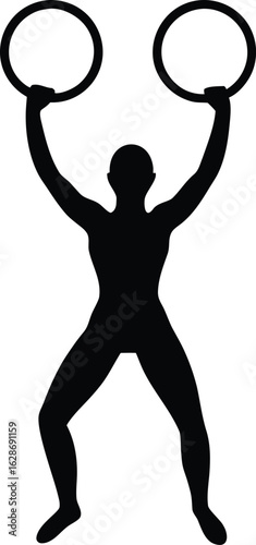 black silhouette a gymnast holding ring on white b.eps