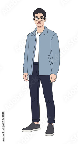 Full-body illustration of a stylish young Asian man wearing glasses and a casual blue jacket. Modern character design for fashion or lifestyle concepts.