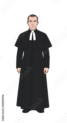 Vector illustration of a priest in a black cassock. A full-length portrait of a clergyman in traditional religious attire.