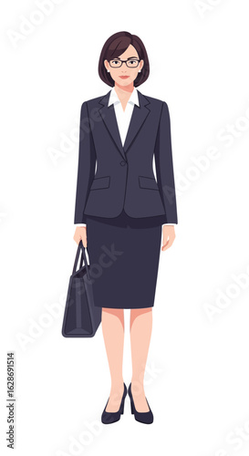 Full-length vector illustration of a professional businesswoman in a dark suit and glasses, isolated on a white background.
