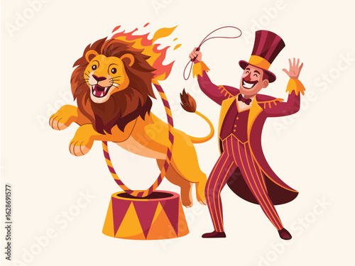 Circus lion jumping through flaming hoop with ringmaster on light background vector illustration